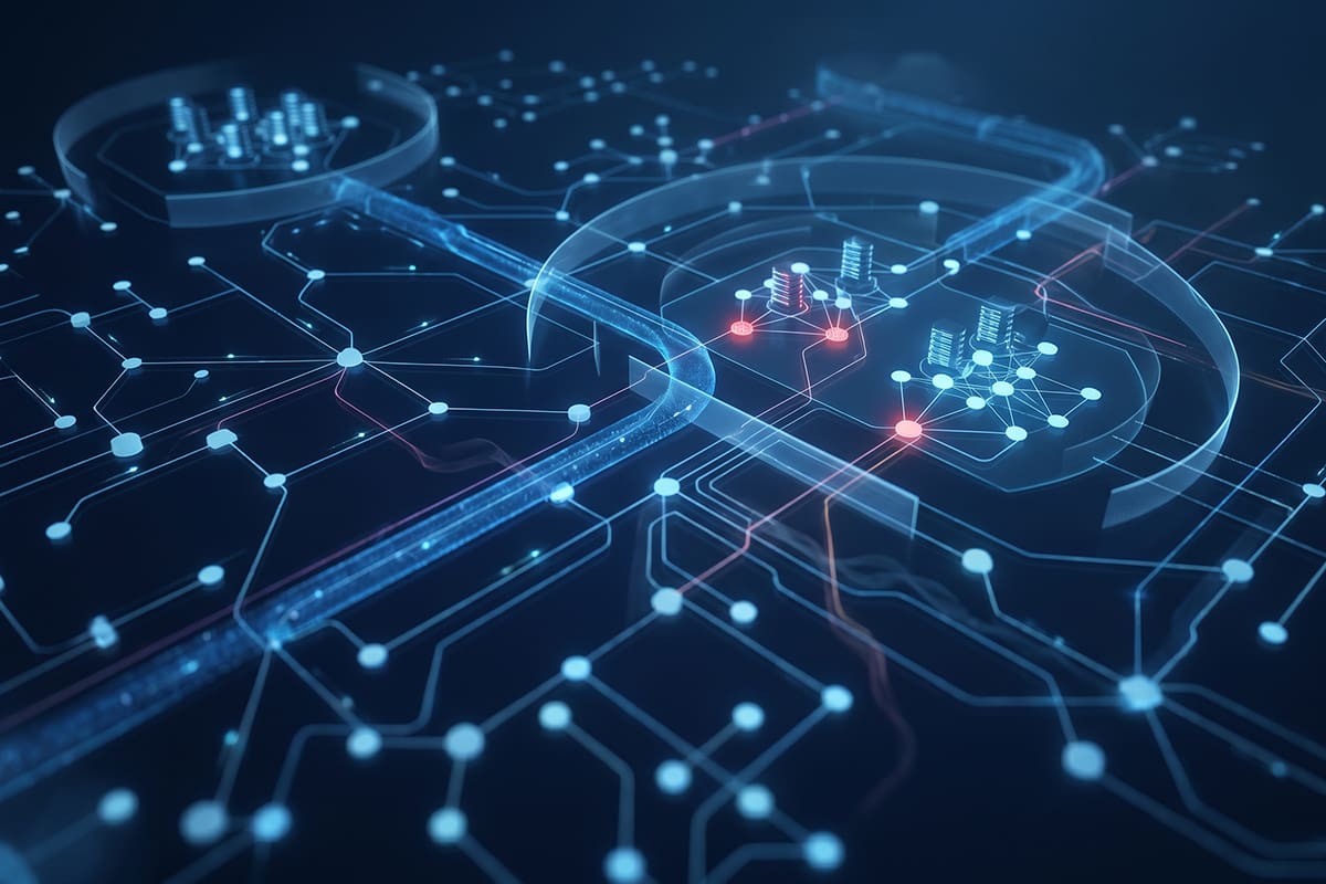 KI-generiertes Foto (Adobe Firefly): Eine dunkelblau gehaltene visuelle Komposition, die ein Cybersicherheitsnetzwerk und einen Eindringling darstellt.